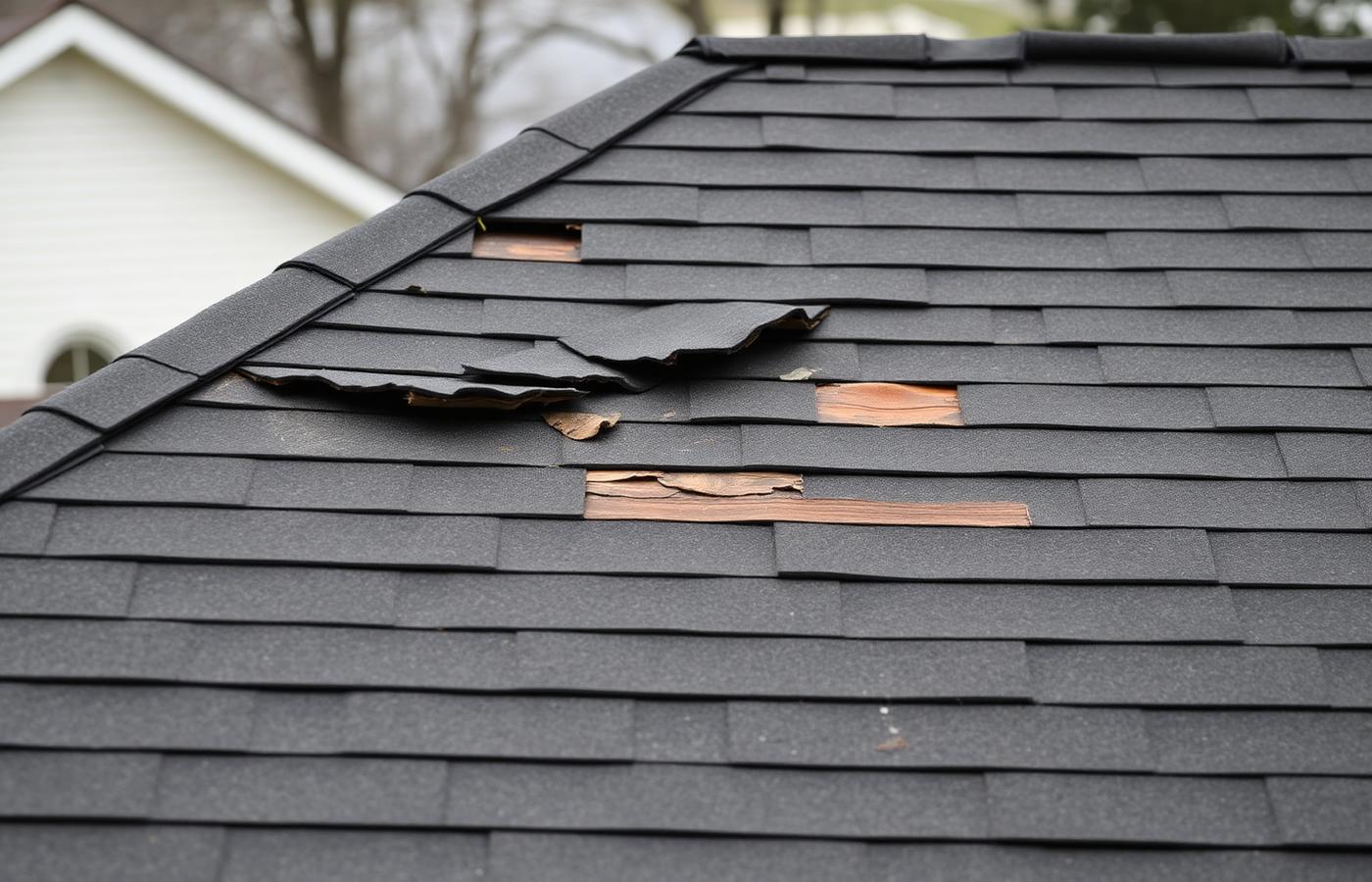 Worn shingle roof with missing and curling shingles before roof replacement