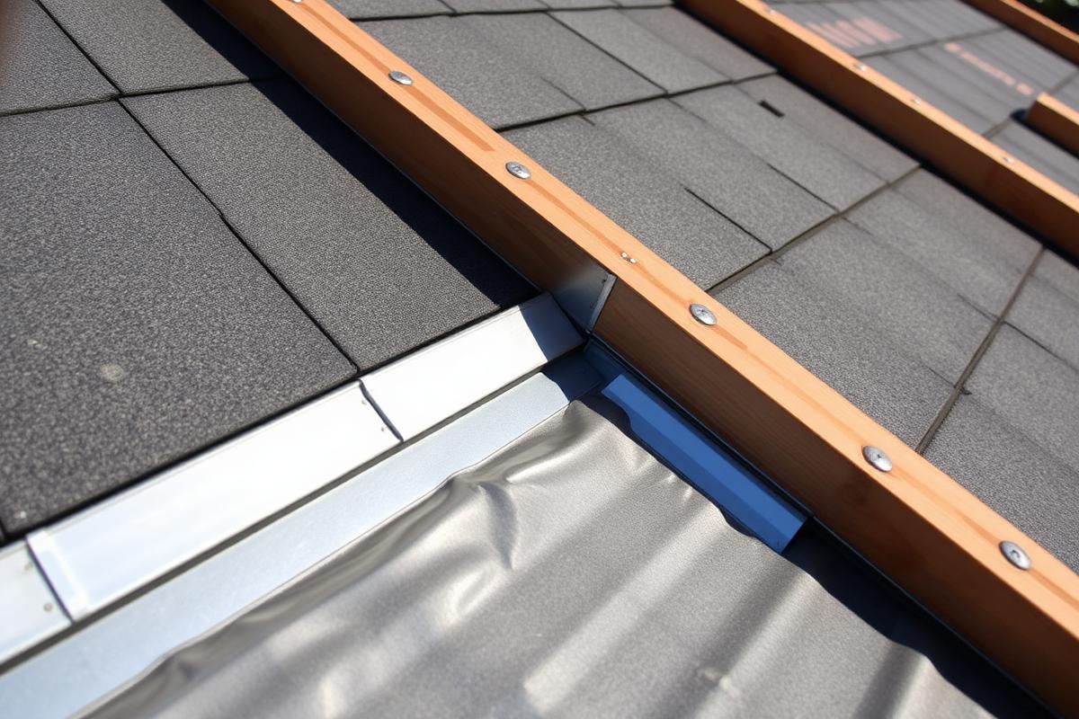 Close-up of roof valley flashing and underlayment detail during a roof replacement