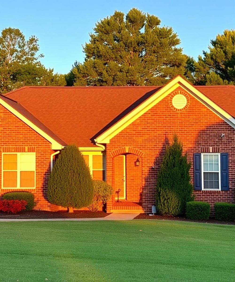 Brick ranch home with a new dark asphalt shingle roof at golden hour